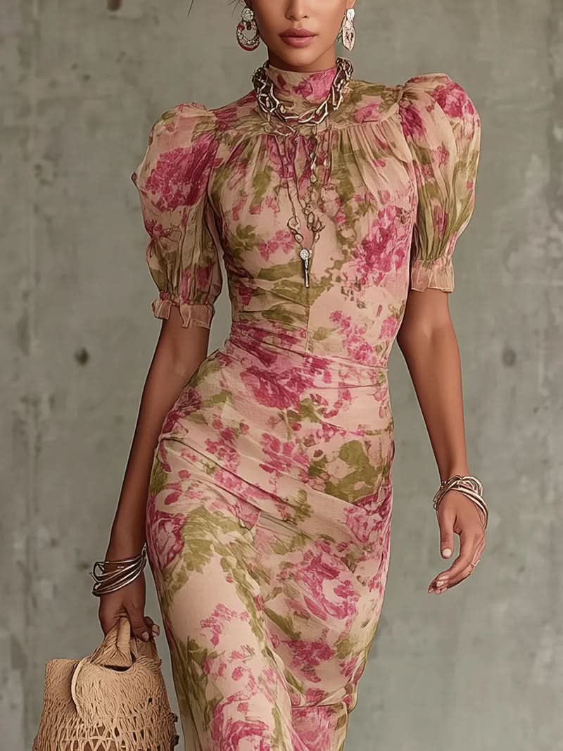 Margaret ∙ Long dress with vintage rose print and puff sleeves