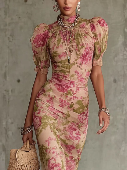 Margaret ∙ Long dress with vintage rose print and puff sleeves
