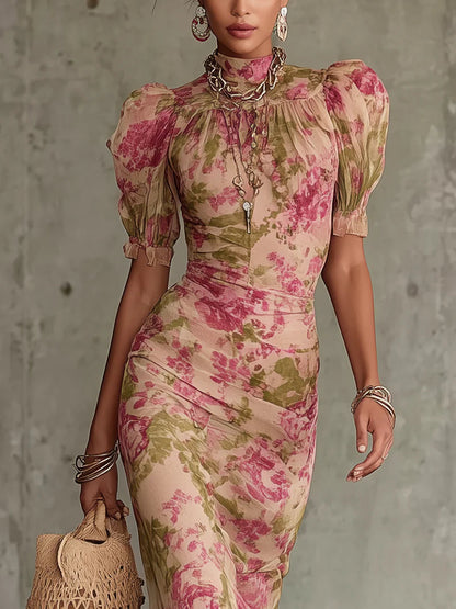 Mae | Vintage Rose Print Puff Sleeve Maxi Dress