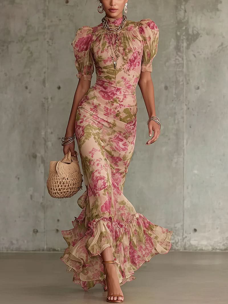 Margaret ∙ Long dress with vintage rose print and puff sleeves
