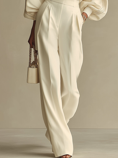 Isa | Ivory Crew Neck Top And High-waisted Wide-leg Pants Set