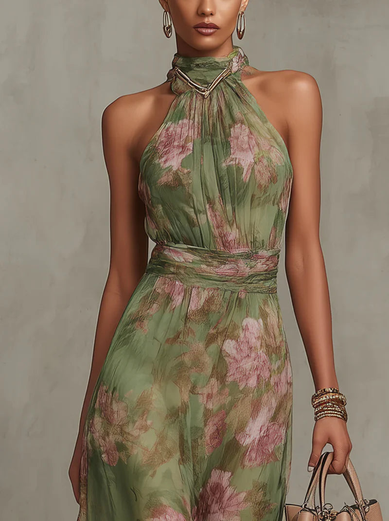 Serena | Elegant Floral Chiffon Halter Maxi Dress VIP