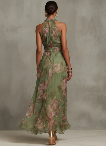 Ruth ∙ Long green floral dress with halter neck