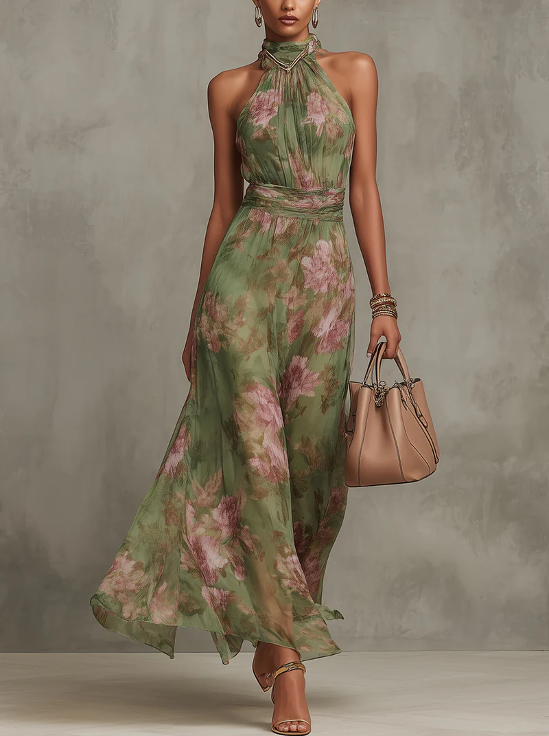 Ruth ∙ Long green floral dress with halter neck