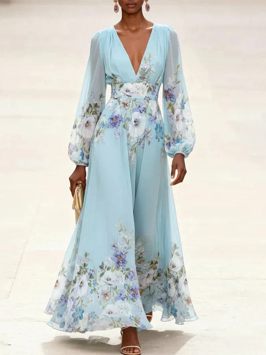 Mia | Light Blue Floral Chiffon V-Neck Maxi Dress