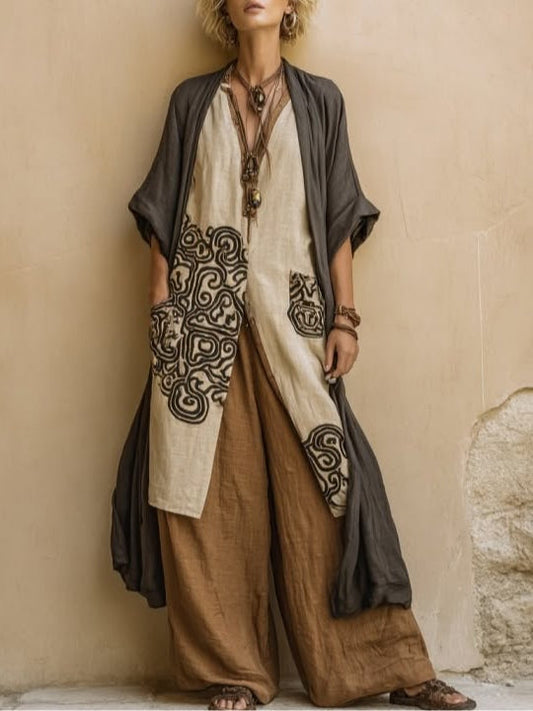 Sophie | Dark Gray & Brown Tribal Print Three-Piece Set