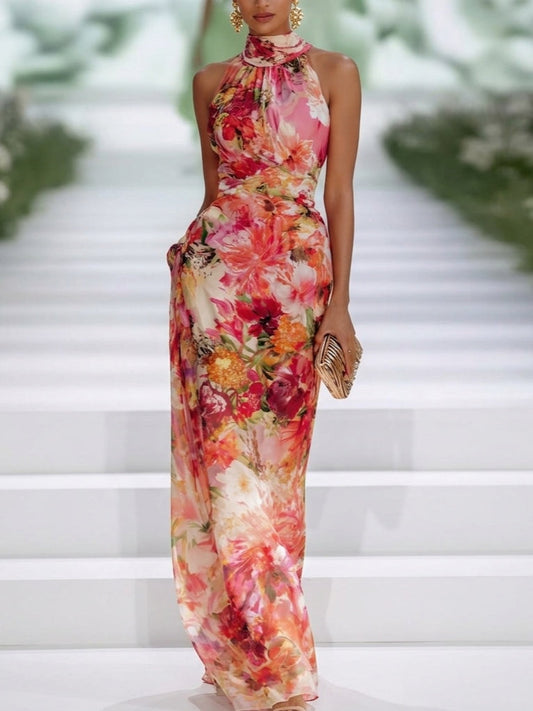 Fae | Red Chiffon Floral Sleeveless Maxi Dress