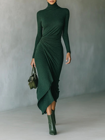 Helen ∙ Asymmetrical wrap midi dress with pleats and high collar in dark green