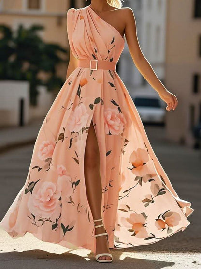 Julie | Light Green Floral One-Shoulder Maxi Dress