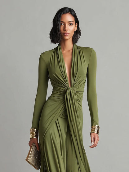 Olive Green Long Silk Stretch Dress with Deep V-Neck and Ruffled Details, Glamour Maxi Dress