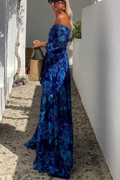 Luna™ | Long Floral Print Dress with Off-the-Shoulder Sleeves