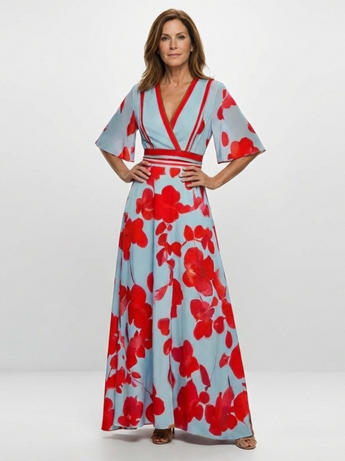 Stella & Grace™ | V Neck Short Sleeve Floral Maxi Dress
