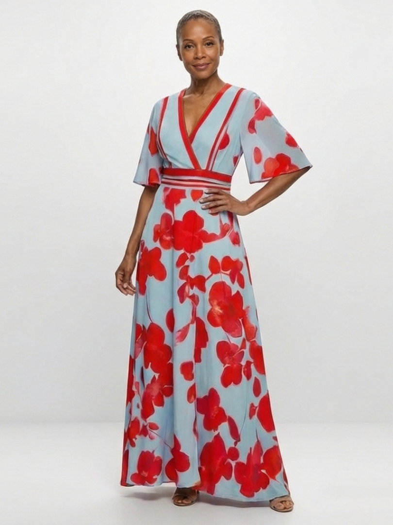 Grace & Annalee™ | V Neck Short Sleeve Floral Maxi Dress