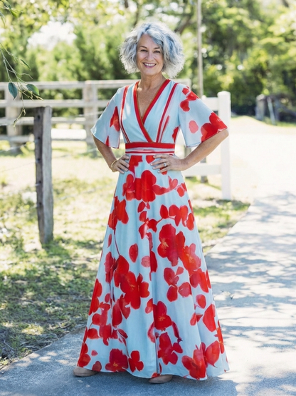 Grace & Annalee™ | V Neck Short Sleeve Floral Maxi Dress