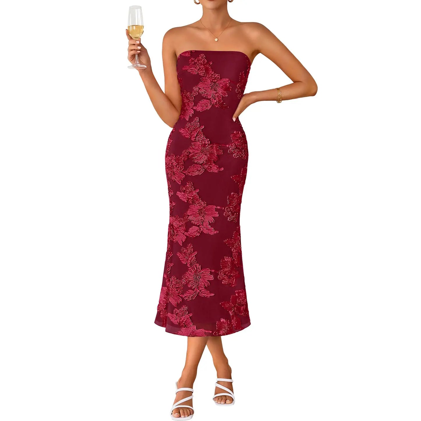 Martina - Summer Strapless Floral Midi Dress