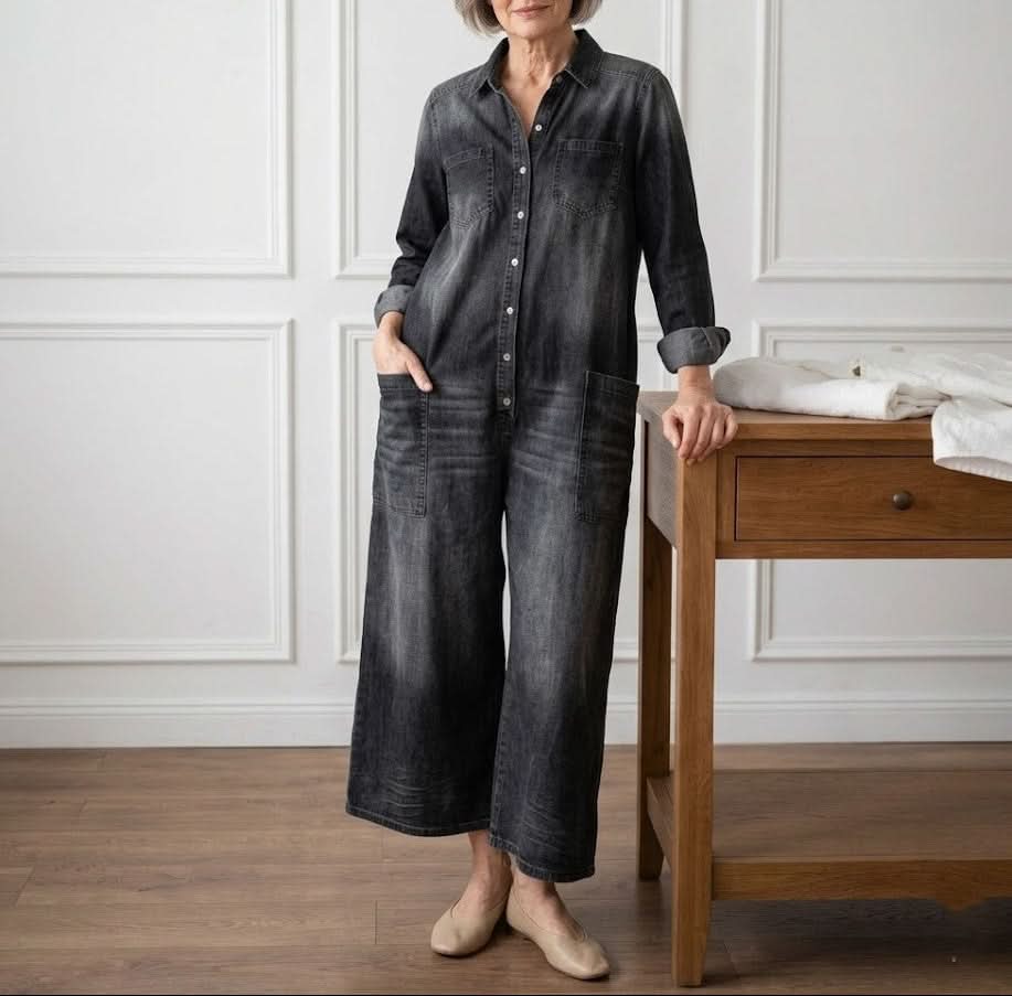 Diana | Vintage Washed Soft Cotton Denim Jumpsuit with Button Closure