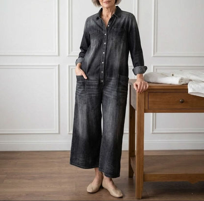 Diana | Vintage Washed Soft Cotton Denim Jumpsuit with Button Closure