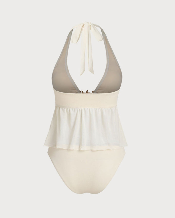Off White Low Waisted Halter Tankini Set