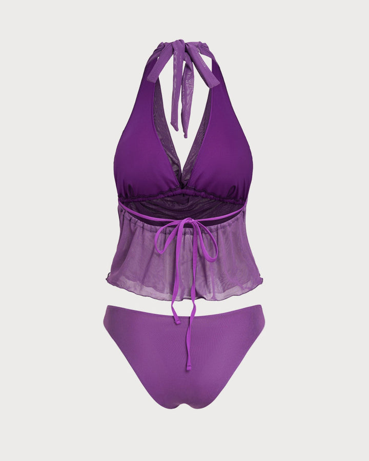 Purple Elastic Waist Tie Tankini Set