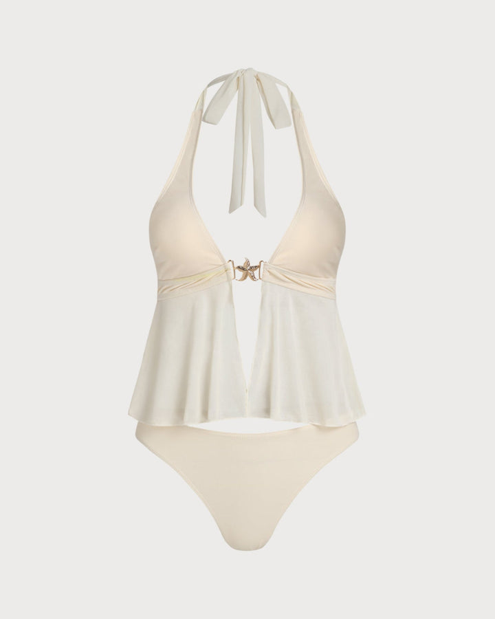 Off White Low Waisted Halter Tankini Set