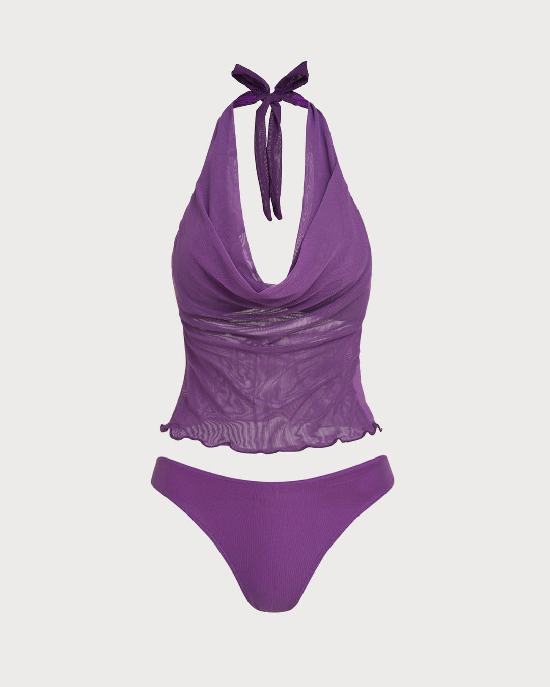 Purple Elastic Waist Tie Tankini Set