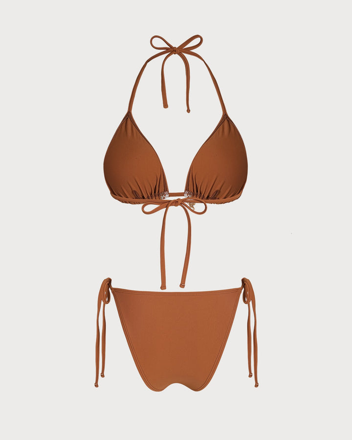 Brown Halter Crochet Triangle Bikini Set