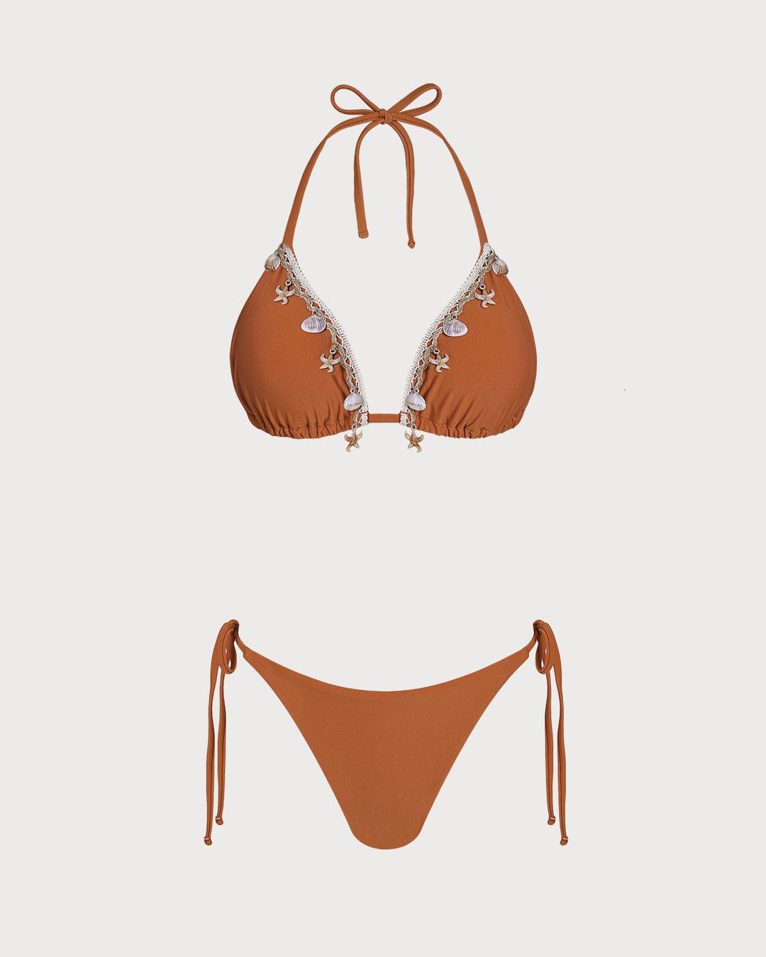 Brown Halter Crochet Triangle Bikini Set