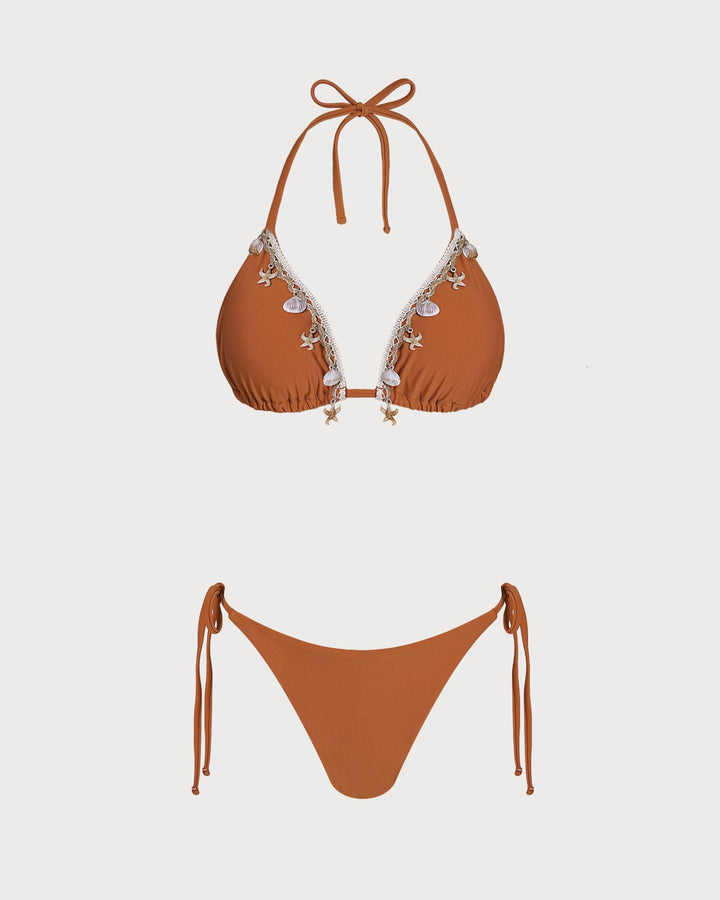 Brown Halter Crochet Triangle Bikini Set