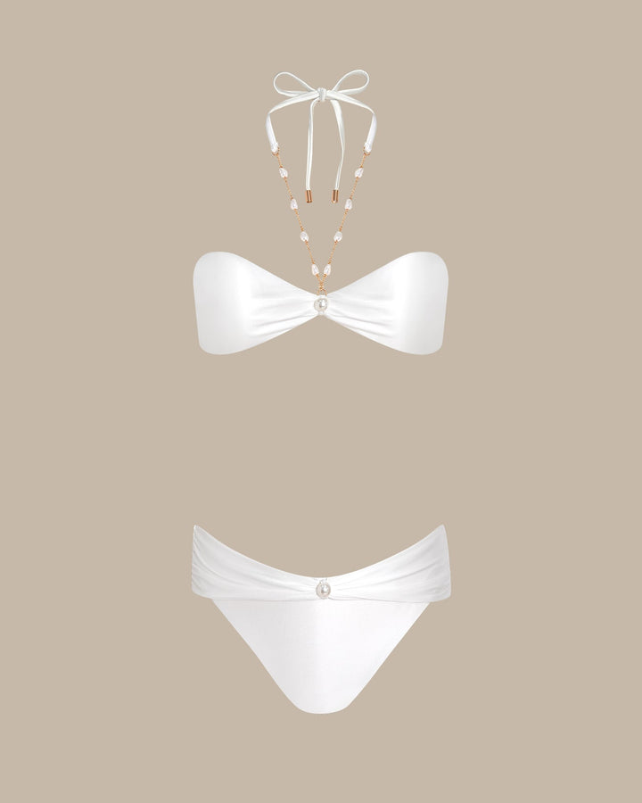 White Halter Rhinestones Triangle Bikini Set
