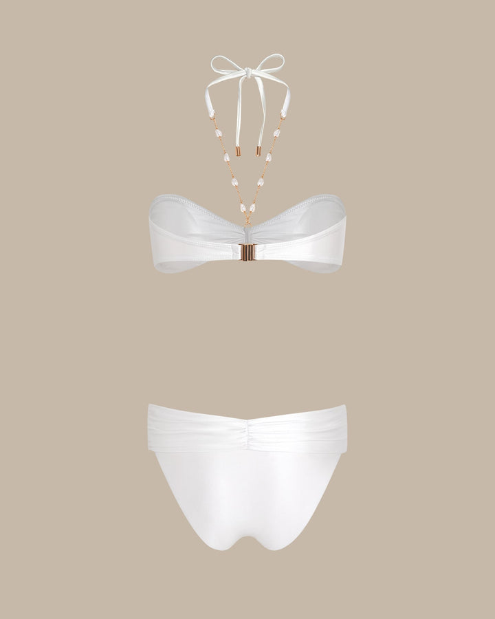 White Halter Rhinestones Triangle Bikini Set