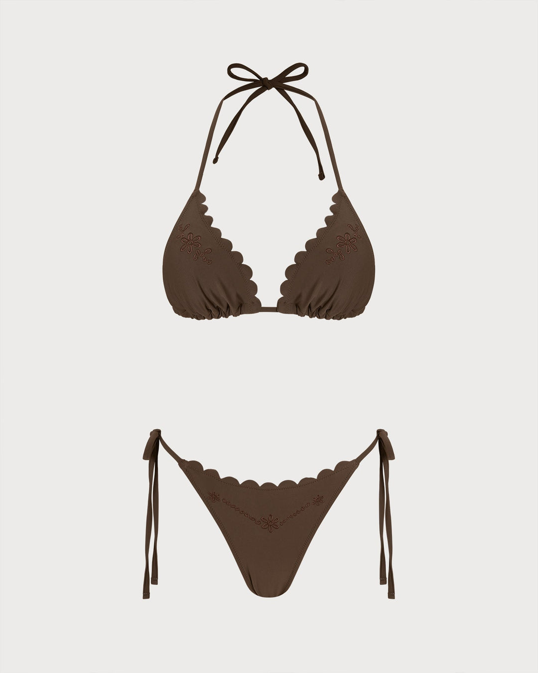 Coffee Halter Embroidery Bikini Set