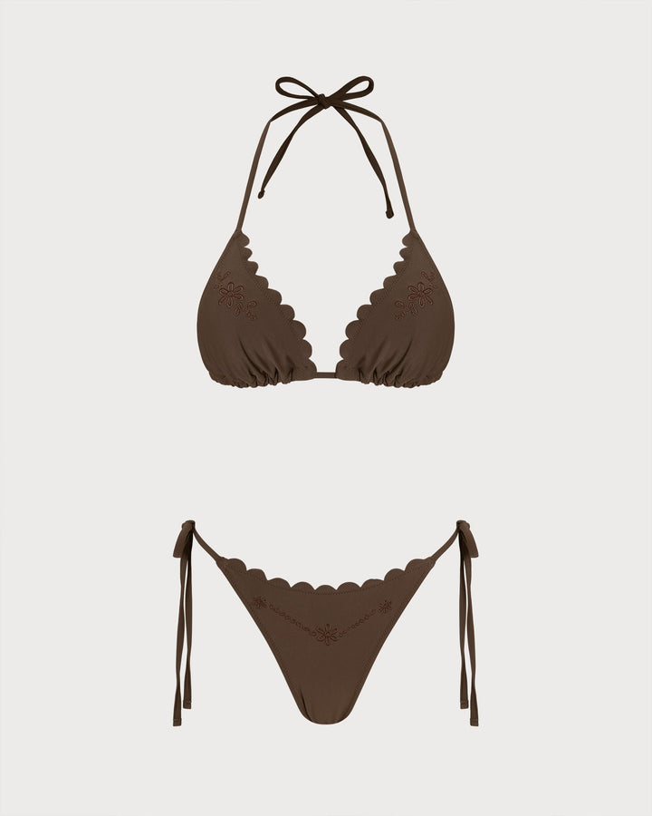 Coffee Halter Embroidery Bikini Set