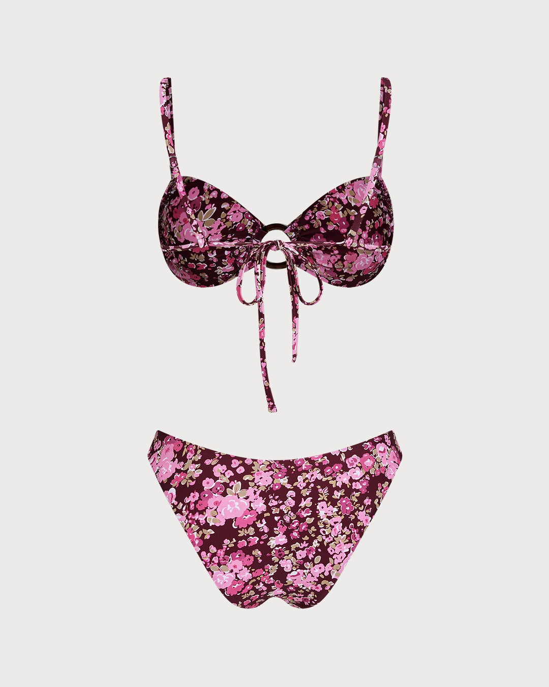 Wine Red O-Ring Floral Bralette Bikini Set