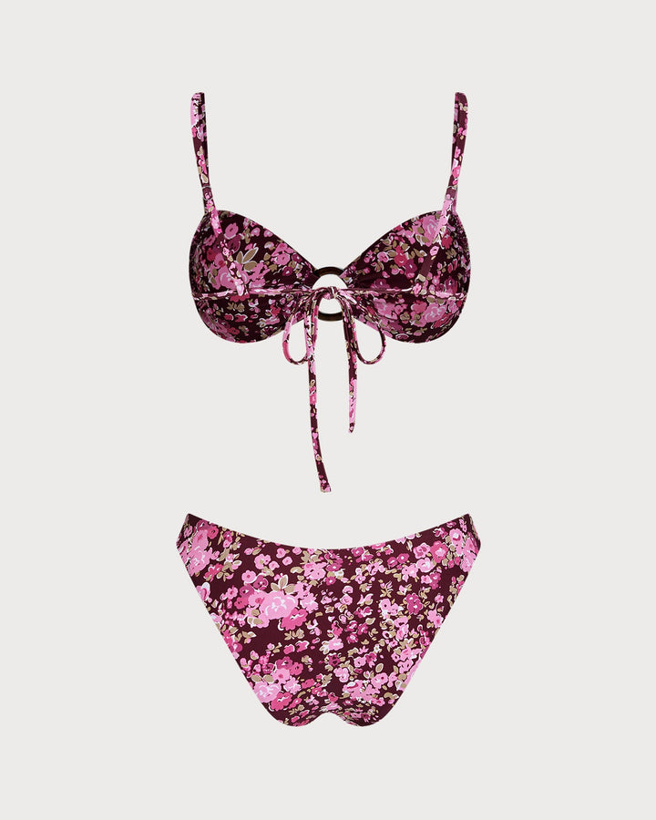 Wine Red O-Ring Floral Bralette Bikini Set