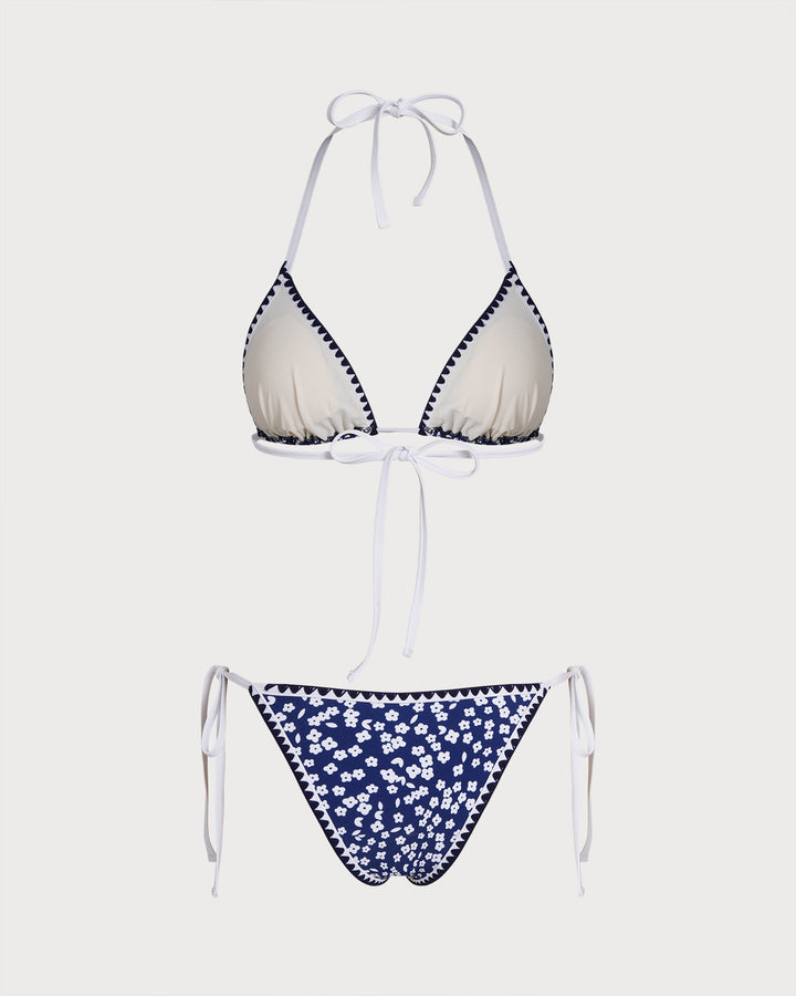 Blue Halter Floral Triangle Bikini Set