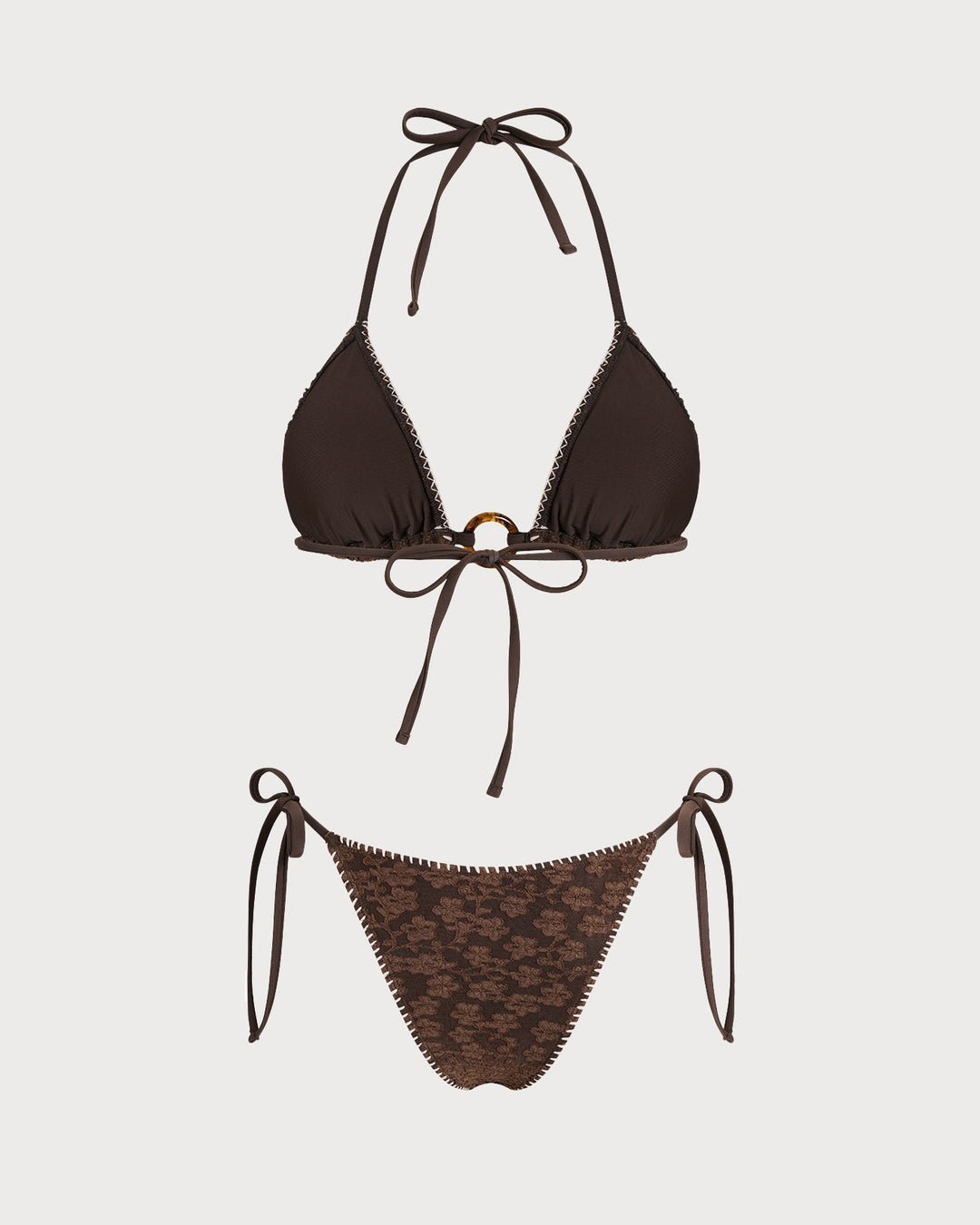 Brown Halter Textured Triangle Bikini Set