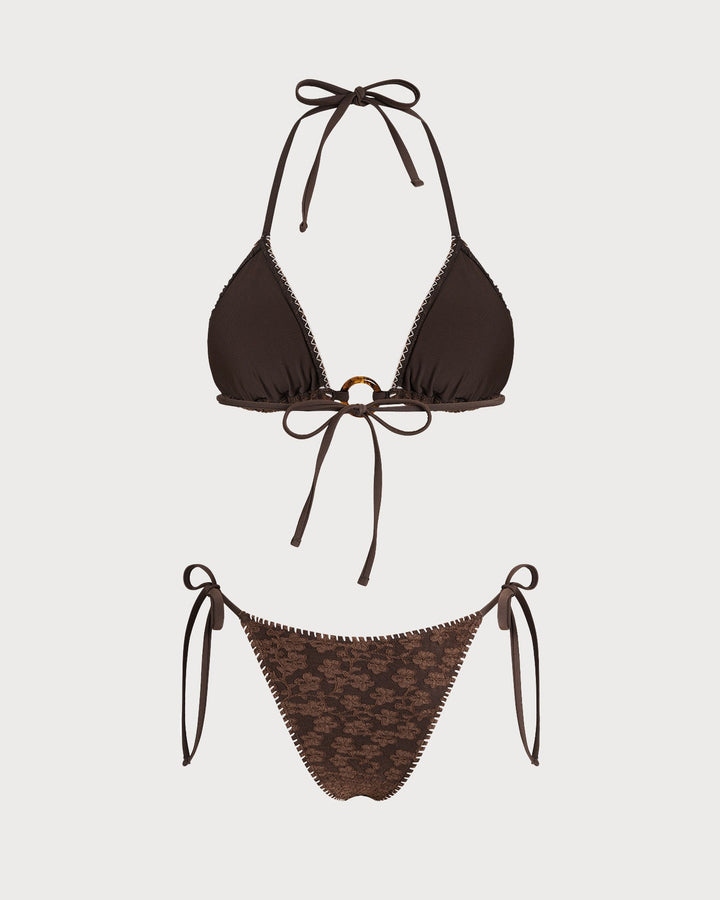 Brown Halter Textured Triangle Bikini Set