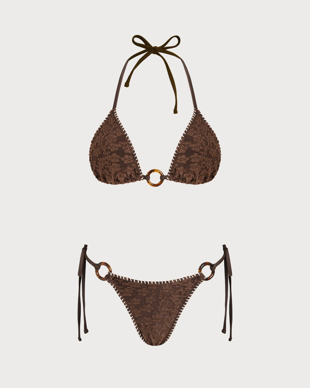 Brown Halter Textured Triangle Bikini Set