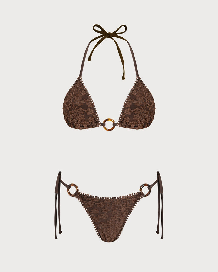 Brown Halter Textured Triangle Bikini Set