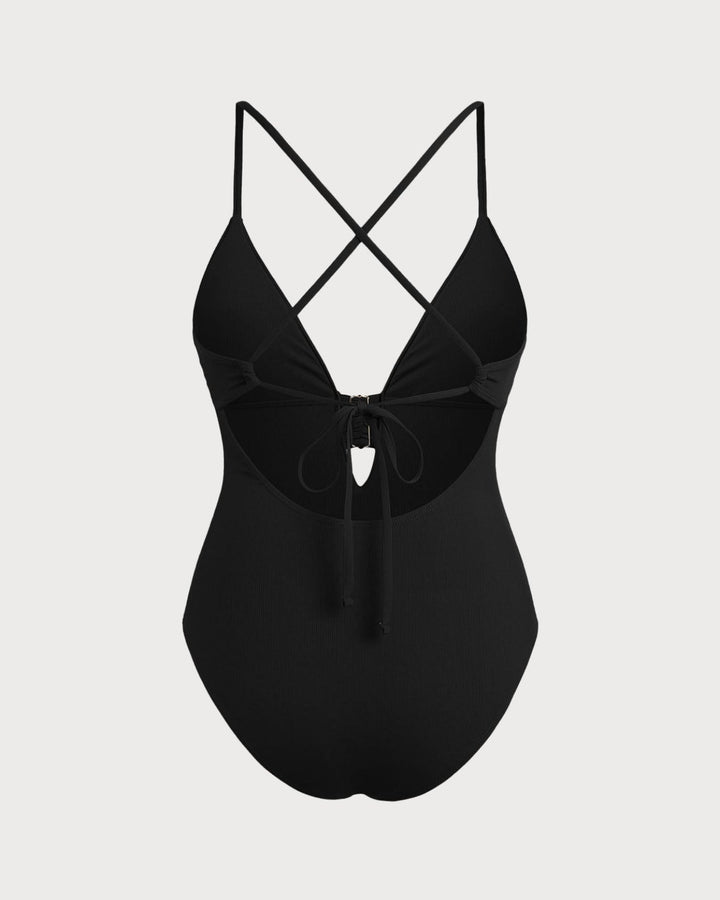 Black Cut Out Ribbed Triangle One Piece