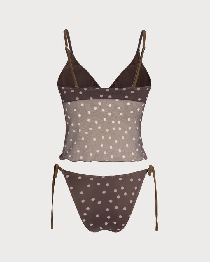 Coffee V Neck Polka Dot Tankini Set