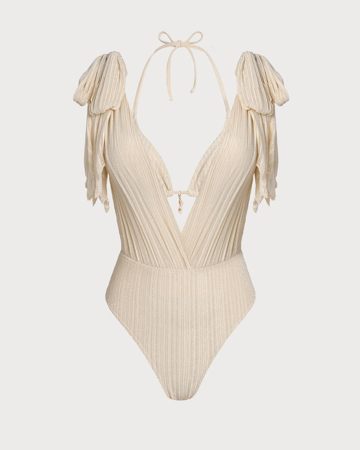 Apricot Halter Sequins Drawstring Bikini Set