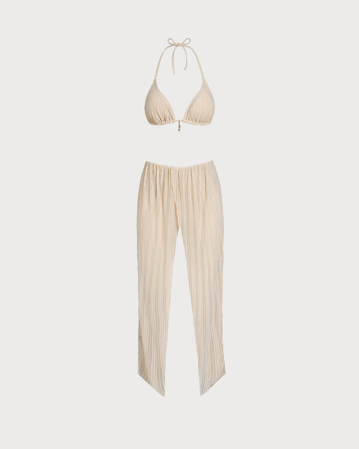 Apricot Halter Sequins Drawstring Bikini Set