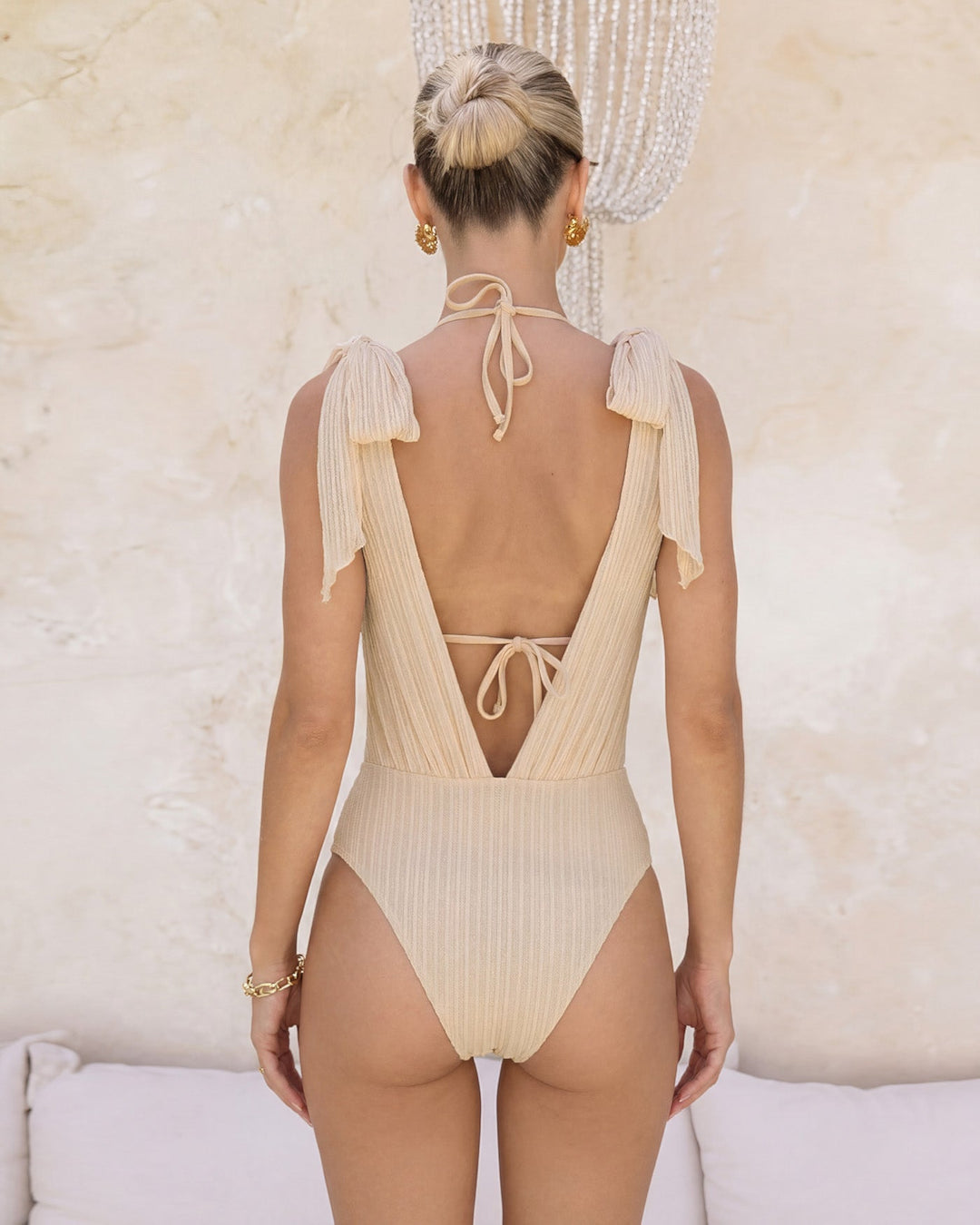 Apricot Halter Sequins Drawstring Bikini Set