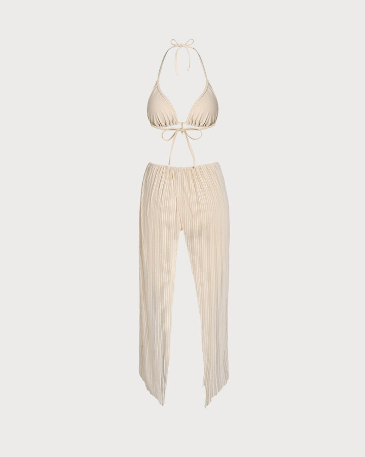 Apricot Halter Sequins Drawstring Bikini Set