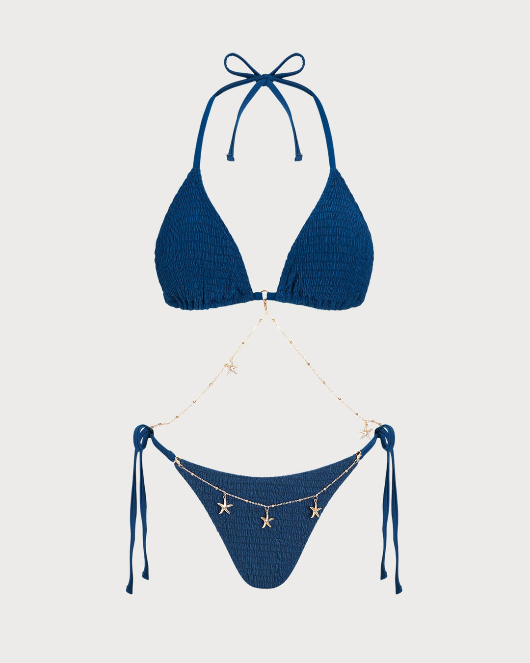 Blue Halter Textured Drawstring Bikini Set