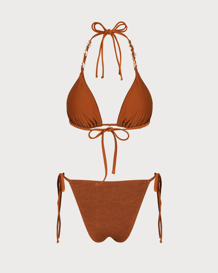Brown Halter Drawstring Triangle Bikini Set