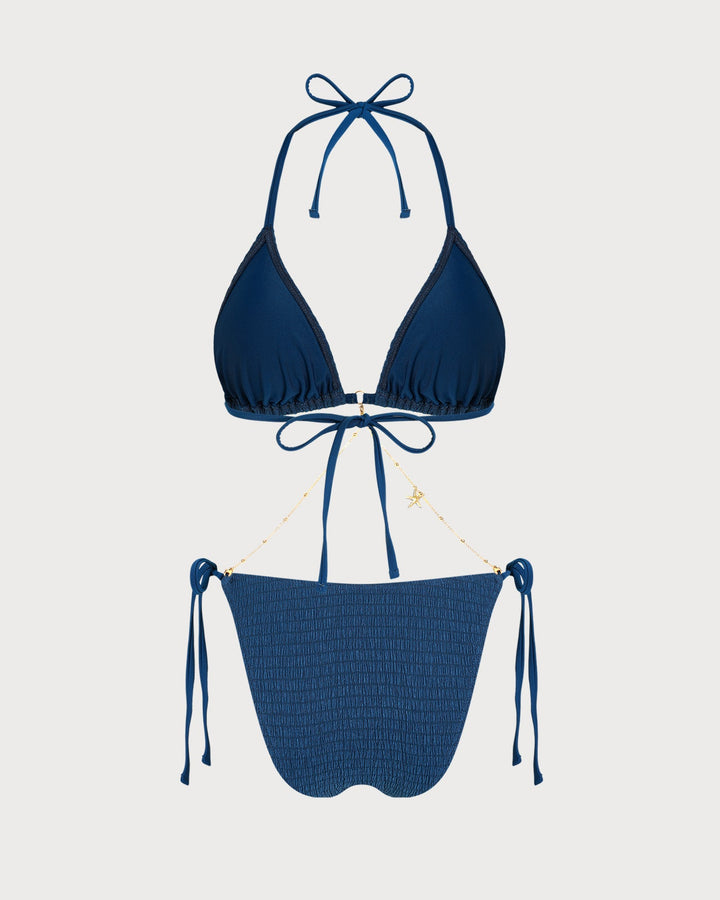 Blue Halter Textured Drawstring Bikini Set