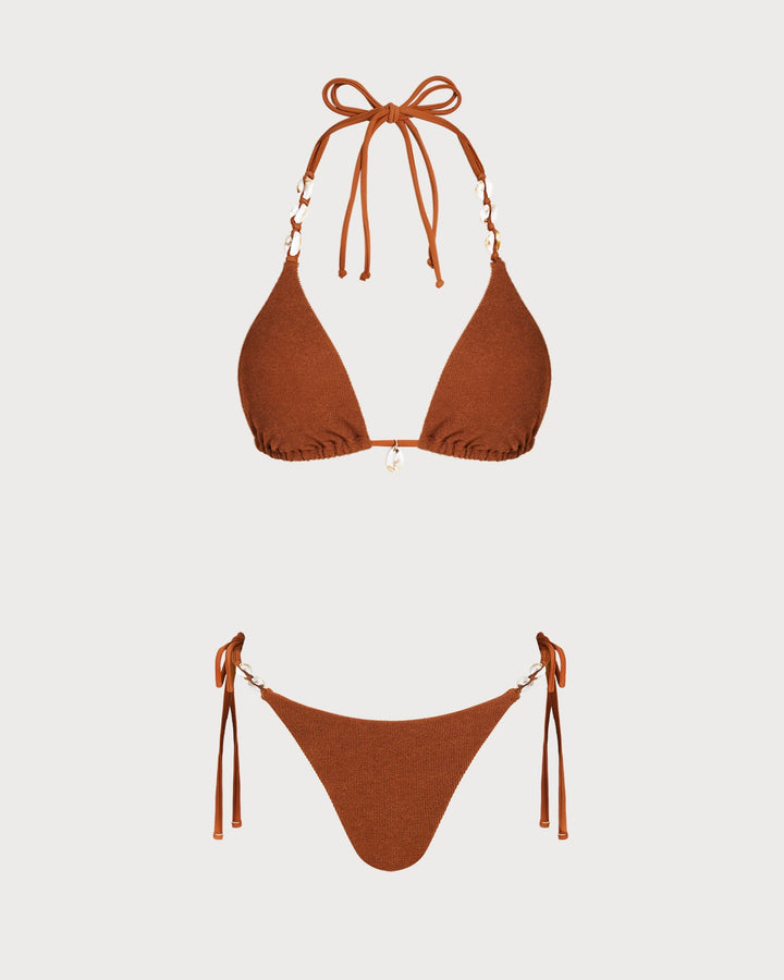 Brown Halter Drawstring Triangle Bikini Set