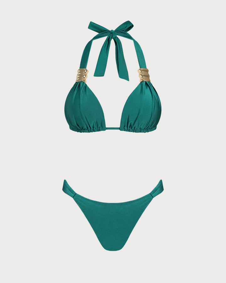 Green Halter Triangle Bikini Set